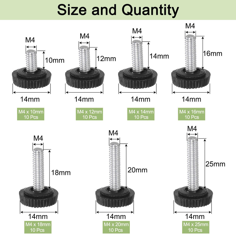 [Australia - AusPower] - uxcell 70pcs Knurled Clamping Knobs Thumb Screws M4 x 10/12/14/16/18/20/25mm Thread Plastic Round Head Threaded Hand Bolt Stud Knobs Handles Black Set 