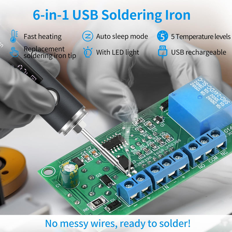 diymore Battery Soldering Iron Set, USB Wireless Soldering Iron, 5 Gears Temperature Adjustable 260 °C - 420 °C, 3 Soldering Tips, Soldering Iron Battery for Repair of Welding 10 W (1400 mAh)