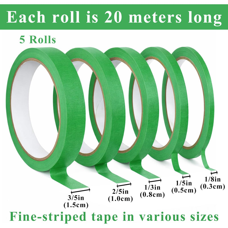 5 Rolls Pinstriping Tape, 1/8, 1/5, 1/3, 2/5, 3/5 Inch Wide Pinstripe Tape Automotive Masking Tapes for DIY, Paint, Art Crafts (Green 21 Yd)