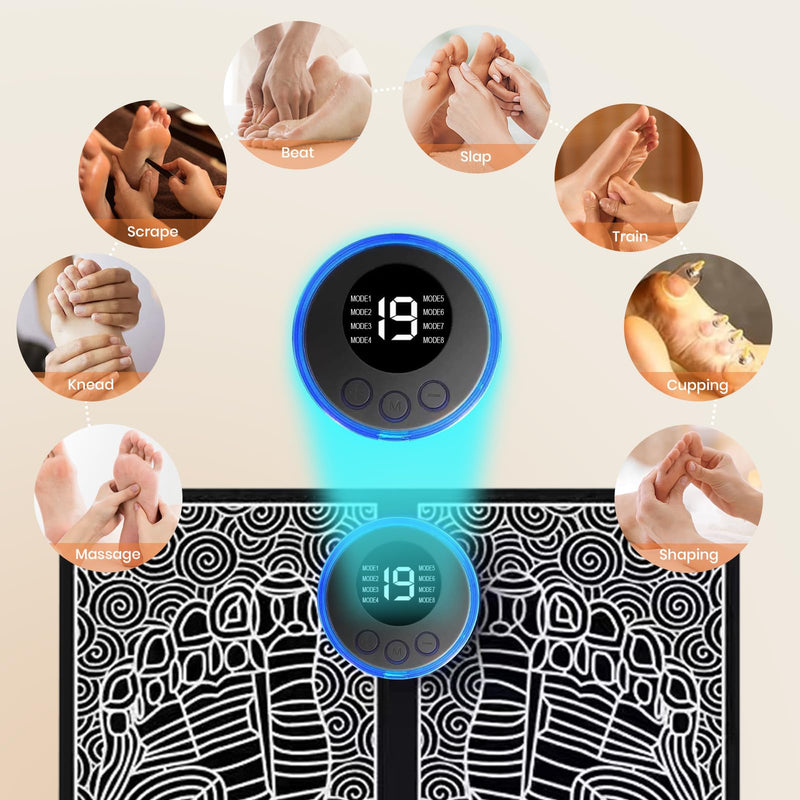 EMS Foot Massager Machine for Neuropathy, TENS Foot Muscle Stimulator for Pain Relief with Remote, Portable Feet Massage Tools Gifts for Women Men, 8 Modes 19 Intensities with 4 Electrodes Pads