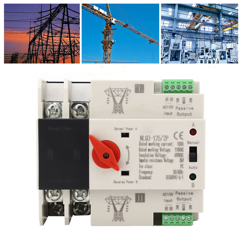 100A 110V Automatic Transfer Switch,2P Mini Dual Power Transfer Switch,50Hz 60Hz 35mm Din Rail Mounting for Home Generator Factories Laboratories Farms Powering Supply