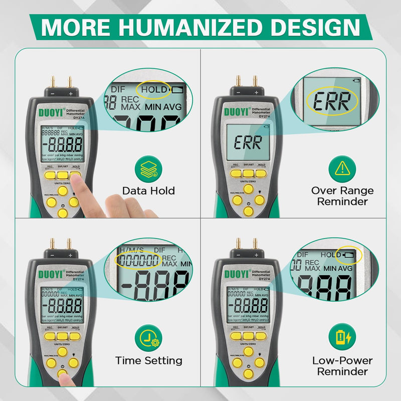 Manometer Gas Pressure Tester ±241.3Kpa/35Psi Wide Range Digital Manometer Gas Pressure Tester 11 Pressure Units Manometer Lp Gas Pressure Tester MAX/MIN/AVG Measurement manometer hvac with Battery