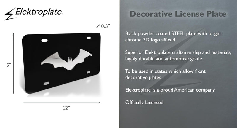 Elektroplate Officially Licensed DC Comics The Batman Movie Black All-Metal Decorative Front Plate with 3D Chrome Bat Emblem | Weatherproof Automotive Accessory for Cars, SUVs, Trucks (12" x 6")