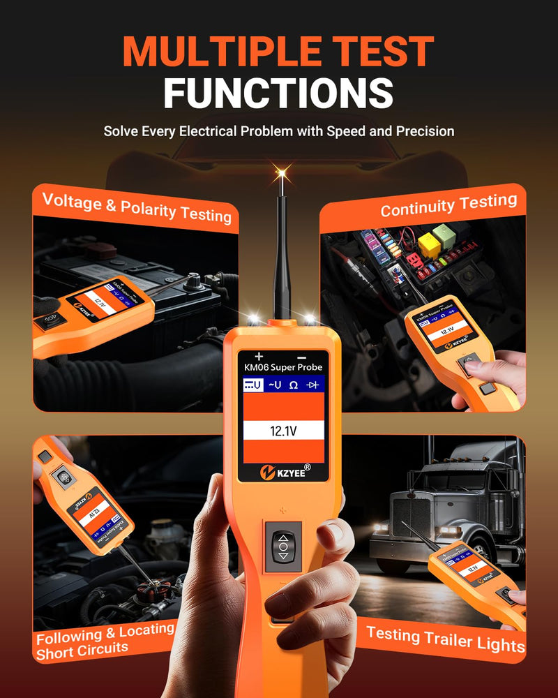 KZYEE KM06 Automotive Power Circuit Probe Tester 8-35V, All-in-One Electrical Diagnostic Tool with Component Activation, Short Circuit Finder, Wire Tracer & Trailer Light Tester for Cars, Trucks & RVs Amber Orange