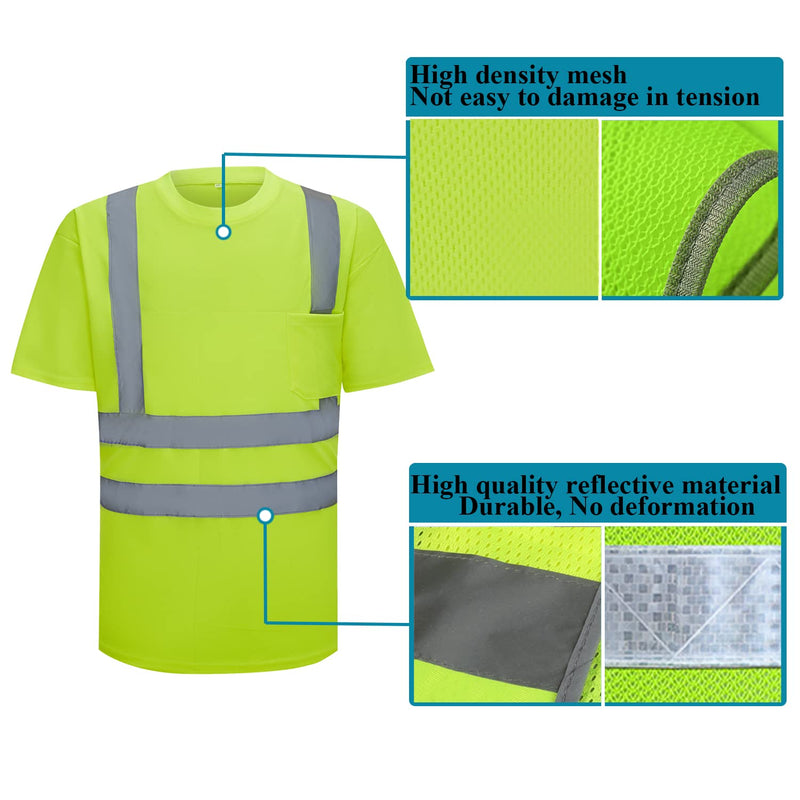SIFE High Visibility Reflective T-Shirt with Hi Vis ANSI Reflective Strip Safety Lime Yellow Short Sleeve Large Lime,yellow