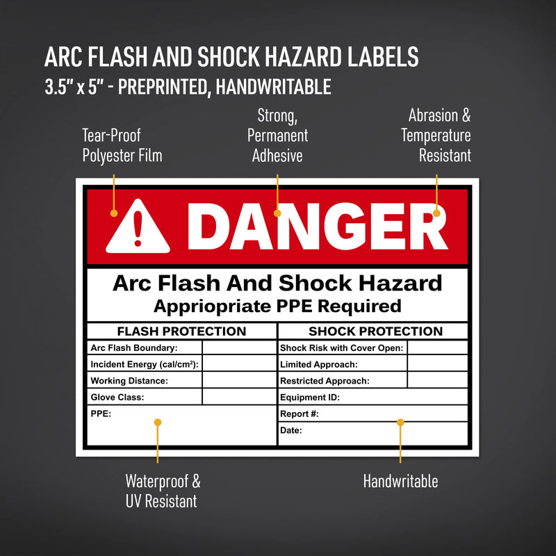 Avery Arc Flash/Shock Danger Labels, Waterproof, UV Resistant, Preprinted, Handwrite-Only, 3.5" x 5", 8 Warning Decal Labels 3.5" x 5" 8 labels