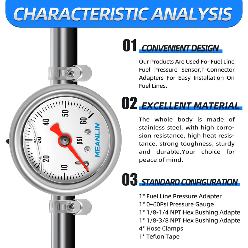 [Australia - AusPower] - MEANLIN MEASURE 0-60Psi Stainless Steel Glycerin Filled Fuel Pressure Gauge 1/8" NPT 1.5" FACE DIAL, with 3/8" Fuel Line Pressure Adapter Liquid Filled Pressure Gauge (9Pieces Kit, Back Mount) 0-60Psi/9 Pieces Kit 