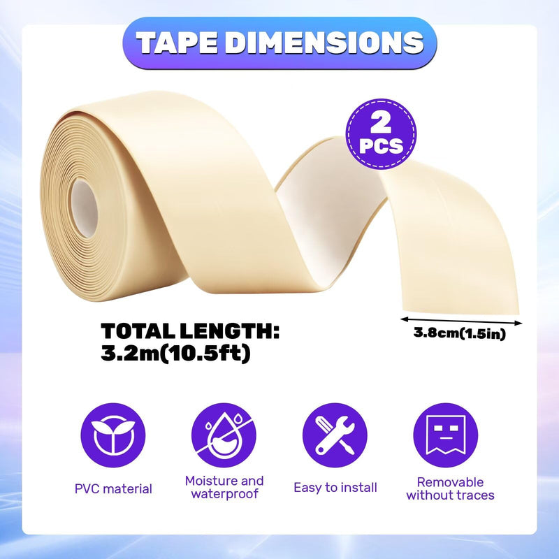 LELE LIFE 2 Rolls Caulk Tape Waterproof Self Adhesive, Toilet Caulk Strip Sealant Tape Sealing Strip for Bathroom, Kitchen, Shower, Bathtub Caulking Tape, 1.5" x 10.5Ft, Beige