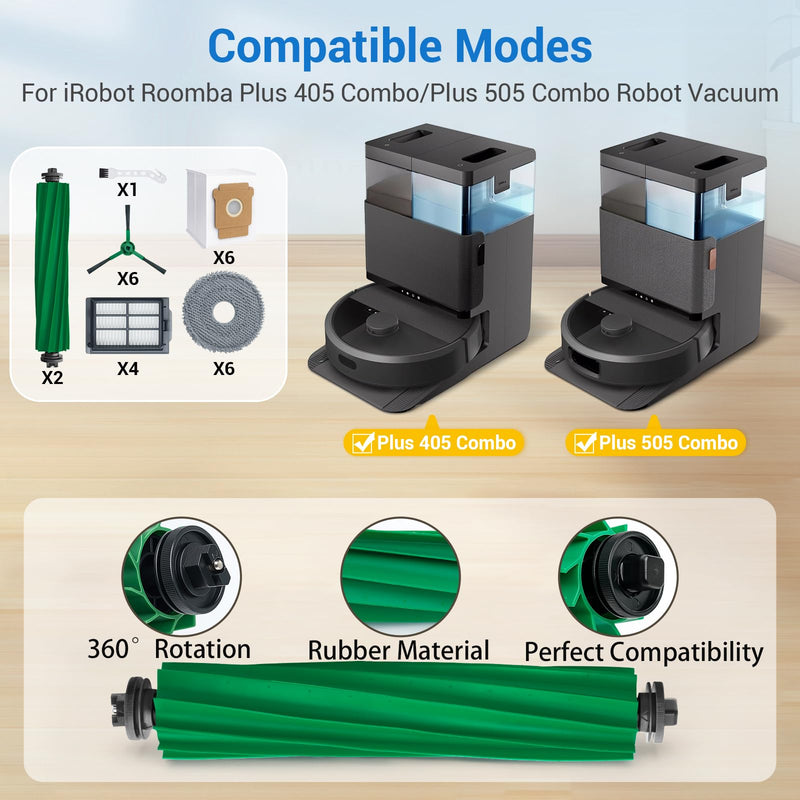 [Australia - AusPower] - Plus 405 Combo Replacement Parts for Roomba Plus 405 Combo Plus 505/ 507Combo Robot Vacuum Cleaner Parts with 2 Roller Brush, 4 HEAP, 6 Mops, 6 Dust Bags, 6 Side Brushes, 1 Clean Brush Replacement Parts for Roomba Plus 405/505/507 Combo 
