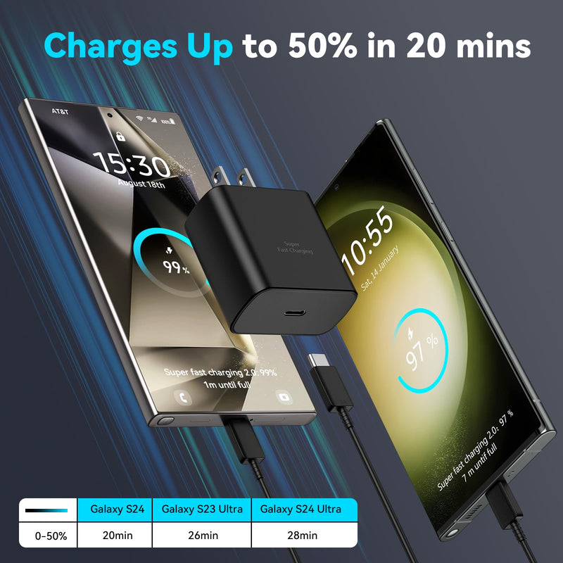 [Australia - AusPower] - Samsung Galaxy S24 Ultra Charger 45W USB-C Super Fast Charger Android Phone Charger Block with 6.6 FT Cable for Samsung Galaxy S24 Ultra/S24/S24+/S23 Ultra/S23/S23+/S22/S21/S20/Note 10/20, Galaxy Tab black 6.6FT 