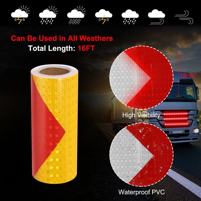 MECCANIXITY Reflective Tape, 6 Inch x 16 ft Trailer Reflector Tape Waterproof Warning Safety Sticker Night Reflector Arrow Tape for Bikes Cars Trucks, Yellow-red 6 Inch x 16 Feet