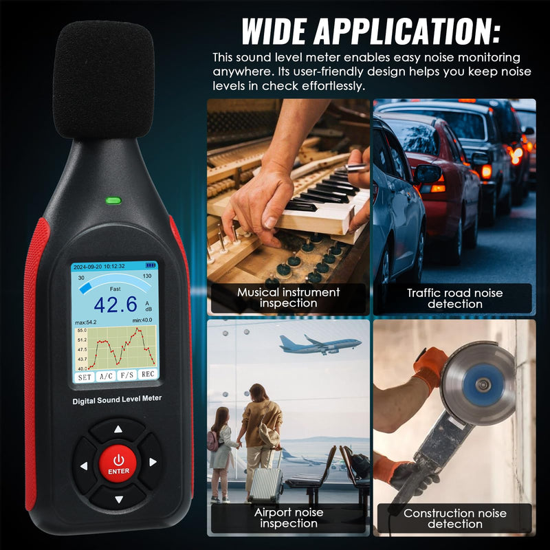 [Australia - AusPower] - Decibel Meter, Digital Sound Level Meter with Data Logging, 3-Color Alarm, A/C Weighted, HD Screen, 30-130dB Range, Rechargeable SPL Meter for Home, Classroom, Office, Factory 