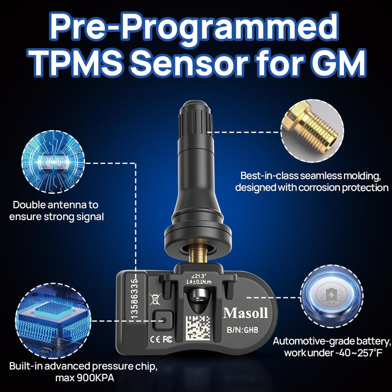 [Australia - AusPower] - Masoll TPMS Sensor for GM, Tire Pressure Sensor for Chevy Silverado Buick Cadillac GMC, 2026 New Upgrade Tire Pressure Monitoring Sensor 4-Pack, Dual-Antenna Design Tire Sensor 4 Sensors 