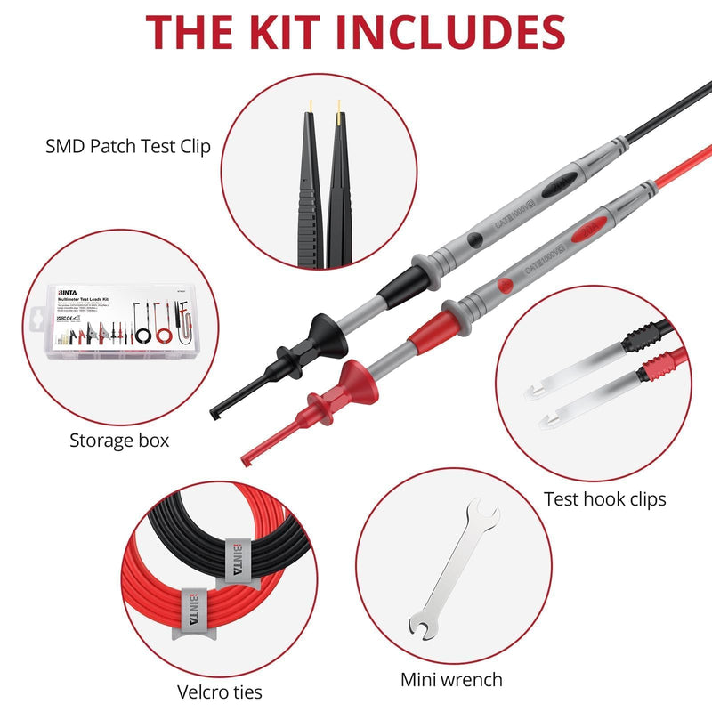 [Australia - AusPower] - BINTA 25-Piece Silicone Multimeter Leads Kit CAT Ⅲ 1000V 20A with Replaceable Test Probes 4PCS Large/Medium Alligator Clips Tweezer, Professional Leads Kit for Industrial Car Home Electrical Testing 25PCS 