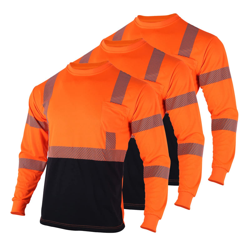 FONIRRA 3pcs Safety Reflective High Visibility T Shirts for Men with Long Sleeve Construction Work Shirts ANSI Class 3 Large Orange_3pcs