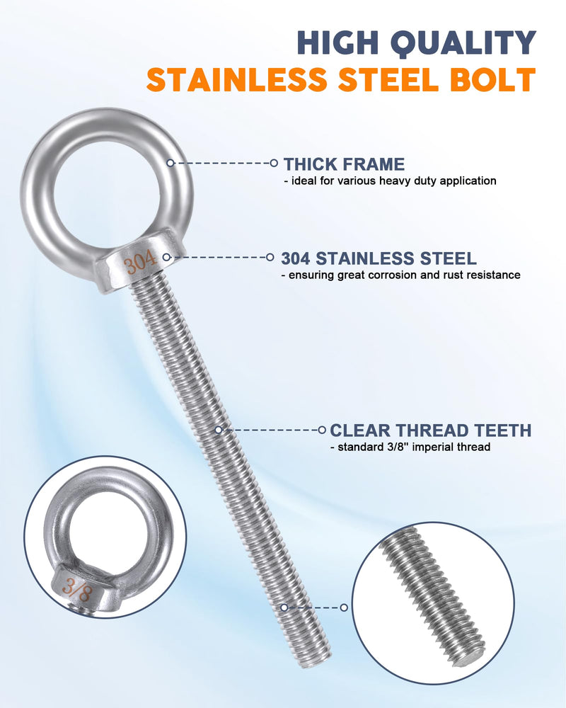 [Australia - AusPower] - Eye Bolt with Nuts 3/8'' x 4'' (4 Pack), Imperial, Heavy Duty Stainless Steel 3/8-16 Long Eye Bolts, Bonus Drill Bit Included 