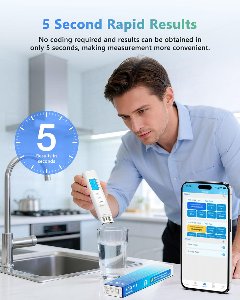 6-in-1 Smart Water Tester for Drinking Water with APP Monitoring, Digital Water Testing Kit for TDS Meter, EC, Temp, TOC, COD, UV275, Professional Water Tester for Home, Well, Tap & Outdoor. 6in1 water tester