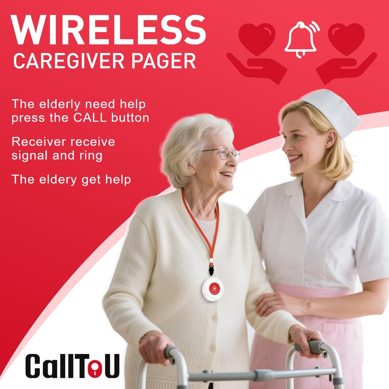 CallToU Caregiver Pager Wireless Call Button Nurse Alert System 500+ Feet for Home/Elderly/Patient/Disabled 1 Plugin Receiver 1 Waterproof Transmitter 1 call button + 1 receiver