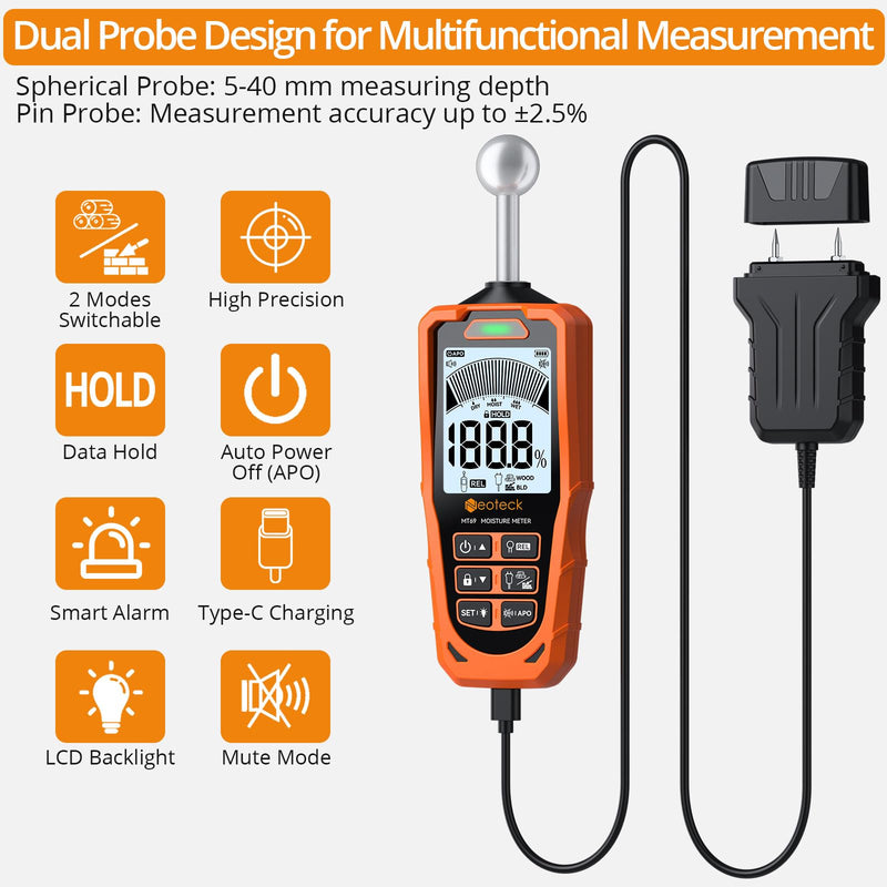 [Australia - AusPower] - Neoteck Professional Measurement Kit: 12 inch Digital Angle Finder Protractor Ruler & 2-in-1 Dual Probe Pinless Moisture Meter with LCD Display, Data Hold, Audio Alarm for Wood, Wall, Concrete 