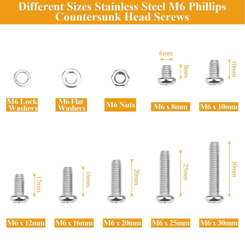 [Australia - AusPower] - 129 Pieces M6 Machine Screws Nuts Washers Set, Sutemribor M6 x 8/10/12/16/20/25/30mm Phillips Pan Head Machine Screws Nuts Washers Assortment Kit, 304 Stainless Steel, Fully Threaded 
