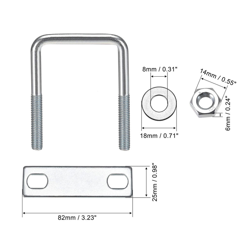 [Australia - AusPower] - uxcell Square U-Bolts 2"(50mm) Inner Width Carbon Steel M8 with Nuts, Frame Plate, Round Washers 2 Set 50x80mm(W*L) 