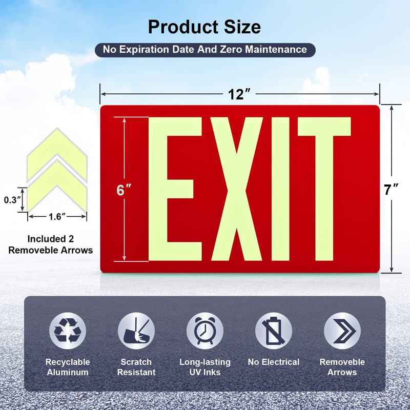 [Australia - AusPower] - Photoluminescent Exit Sign Aluminum - Adhesive Backing Glow In The Dark - Removable Arrows Included - 12x7 Inches - Non Electrical Red Exit Light For 50 Feet Visibility (2 Pack) 2 Pack 