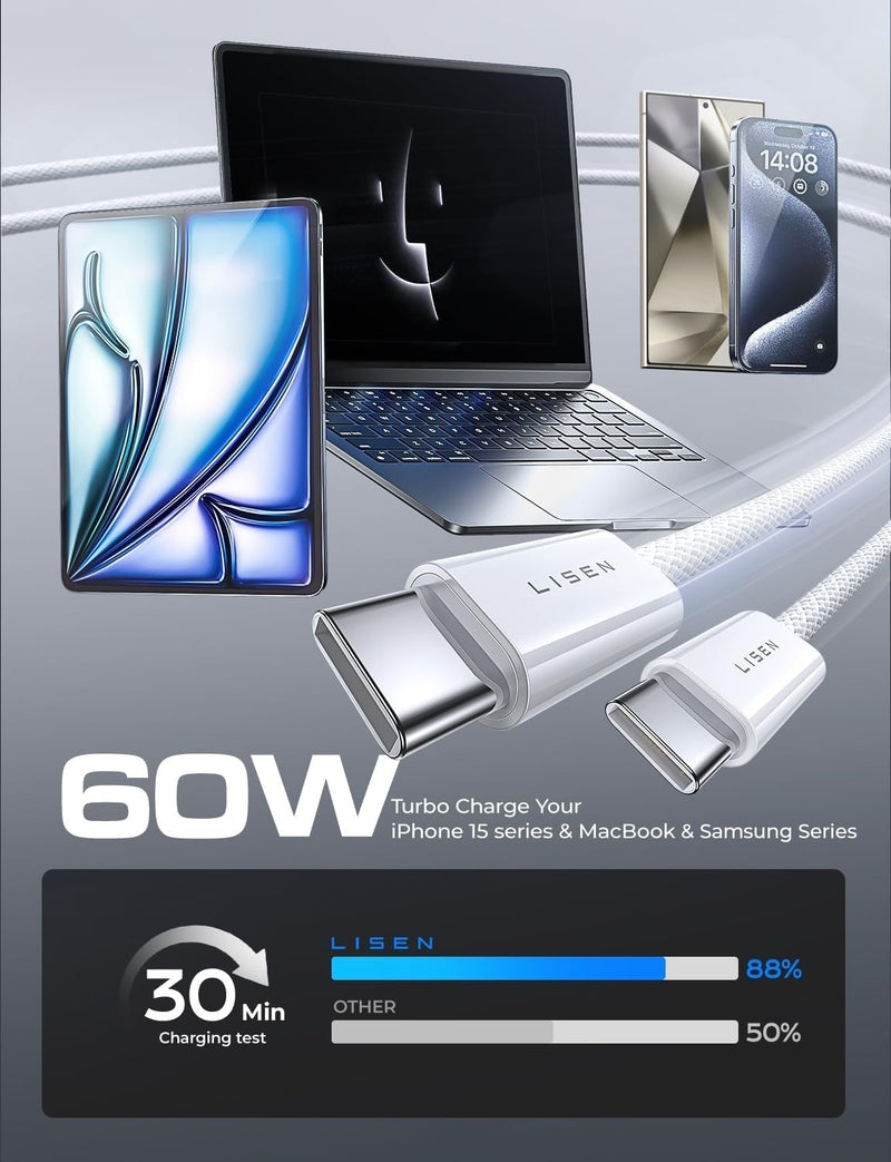 [Australia - AusPower] - LISEN USB C to USB C Cable Fast Charging, 60W 3-Pack 6ft USB C Cable Type C Fast Charging Charger Cable for iPhone 15 Pro Max Plus Samsung S24 S23 iPad Pro 13 12.9 11 inch, iPad Air 5 4, Mini 6 6.6FT+6.6FT+6.6FT White 