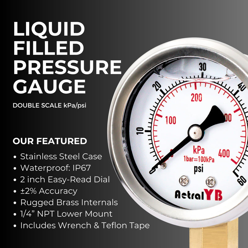 [Australia - AusPower] - 0-60 Psi Glycerin-Filled Pressure Gauge, 2-Inch Gauge, Stainless Steel, 1/4" NPT Lower Mount,400kPa Pressure Gauge for Pool Pump, Sand Filter, Air Compressor, and Well Water Systems 0-60PSI 