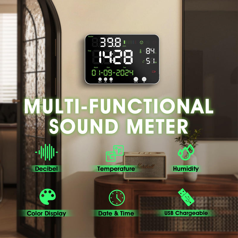 [Australia - AusPower] - Decibel Meter,6-in-1 Digital Sound Meter with 12’’LCD Screen,Range 30-130dB,Rechargeable Noise Meter with Time, Temperature and Humidity Display for Home, Studio, Library, and Factory 
