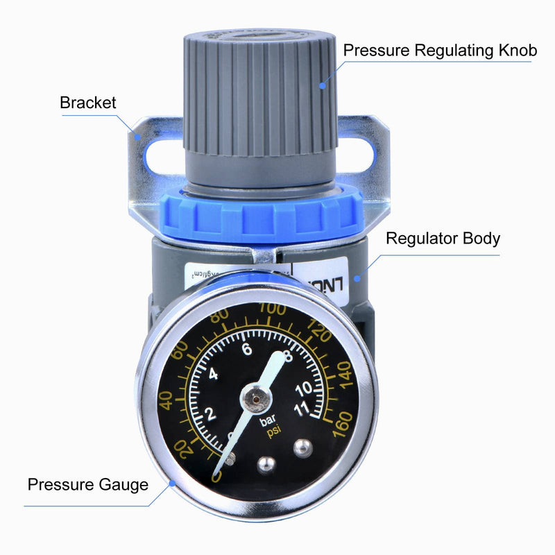 [Australia - AusPower] - 1/4 Inch NPT Thread Air Pressure Regulator with Gauge Mini Air Control Valve for Air Compressor or Air Tools (0-145PSI) Blue 1/4" Air Regulator+PC Fittings 