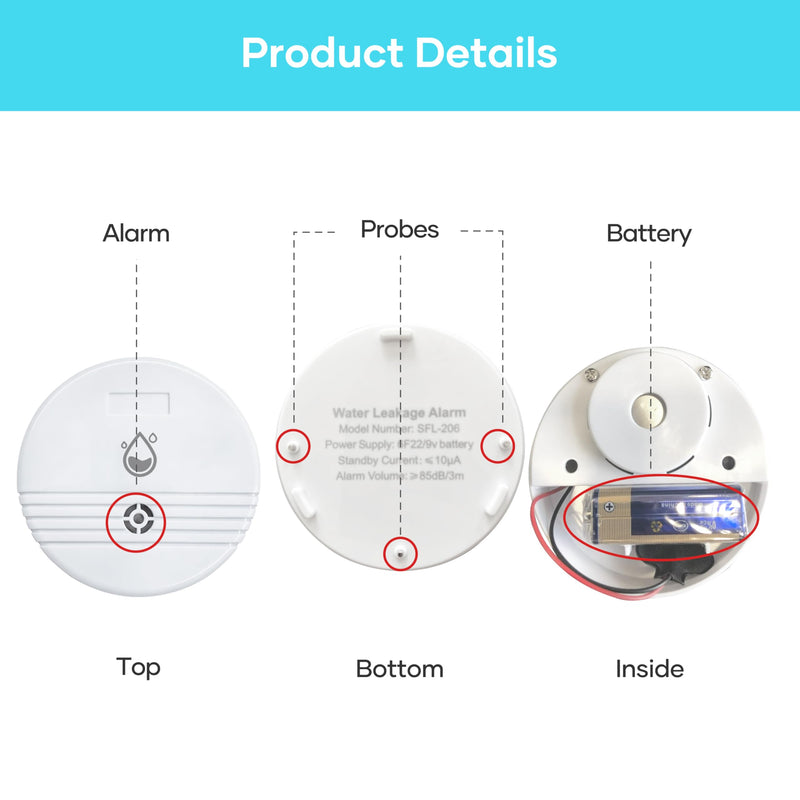 [Australia - AusPower] - Water Leak Detector 4 Packs, Lound Sound Sensor Alarm, Home Water Flooding Monitor Sink Overflow Monitoring Wet Moisture Alert Pipe Leakage Drip Detection Warning for Basement, Laundry, Bathroom 4pcs Water Leak Detector 