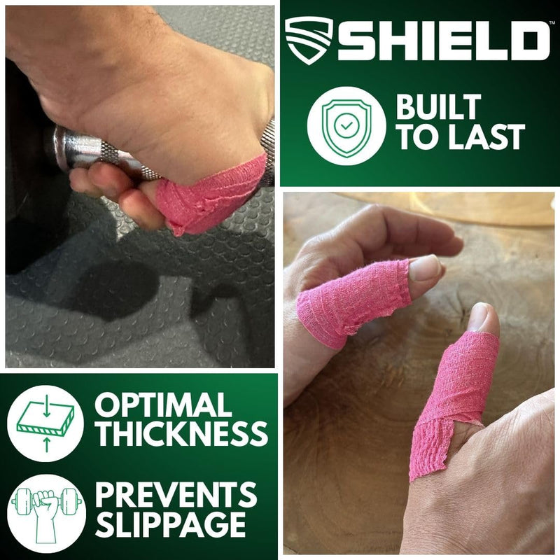 SHIELD | Weightlifting Tape - Made in USA, Hook Grip, Cross-Training, WOD Grip Tape 3-Pack– Durable, Non-Slip, Comfortable Stretchy Athletic Tape – Thumb, Wrist, Finger Protection (Pink) Pink
