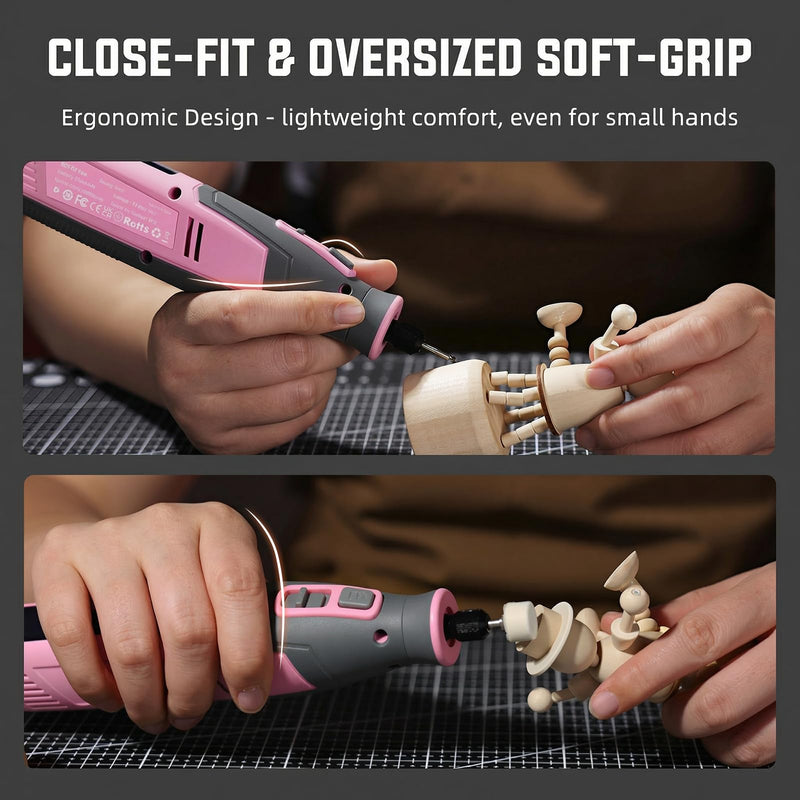 Katerk Cordless Rotary Tool, 4000mAh Battery, 6-Speed, 28000RPM, Rotary Tool Kit with 70 Accessories Light duty Engraving Pen for Sanding, Polishing, Drilling, Etching, Grinding, Wood Carving Pink