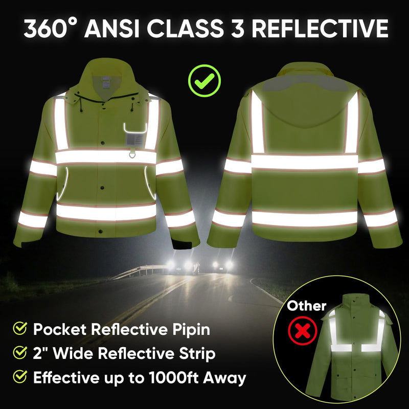 TICONN Reflective Rain Jacket Safety Jacket, Waterproof Hi Vis Rain Coat, Class III High Visibility Coat (Yellow&Black, S) Large Yellow
