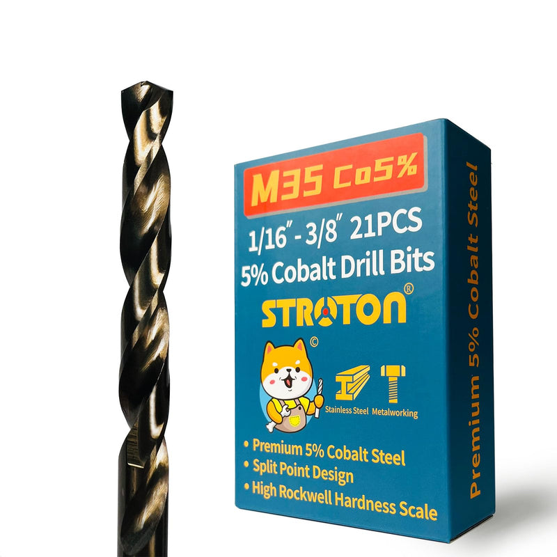 5% Cobalt Drill Bit Set (1/16-3/8 Inch, 21PCS) for Stainless Steel, Hard Metal, Cast Iron, Plastic and Wood, M35 Hss Heavy Duty Twist Steel Drill Bits Index. 1/16"-3/8" (21PCS)