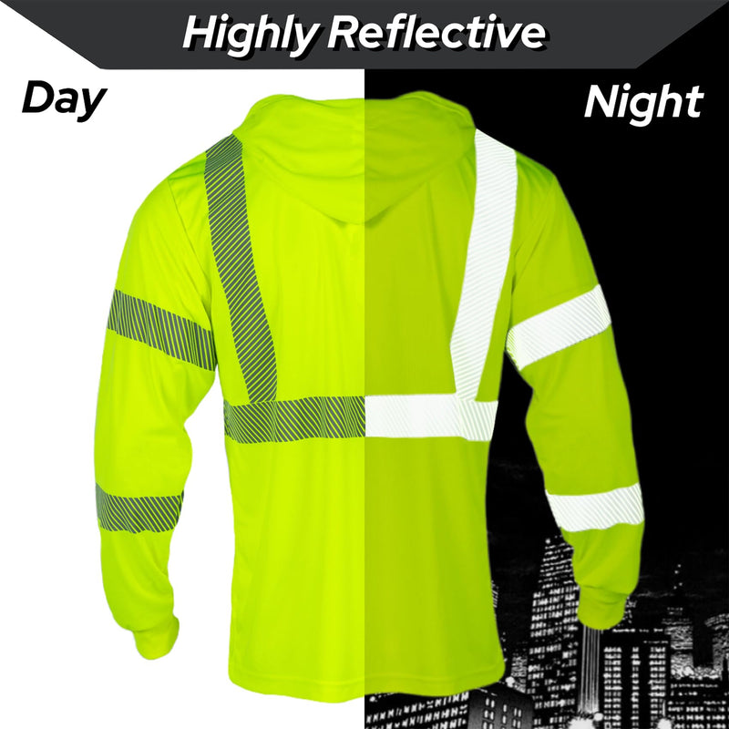 FONIRRA Hi Vis Shirts for Men Reflective ANSI Class 3 Safety T-Shirt with Hood High Visibility Construction Work Long Sleeve, Yellow 3XL