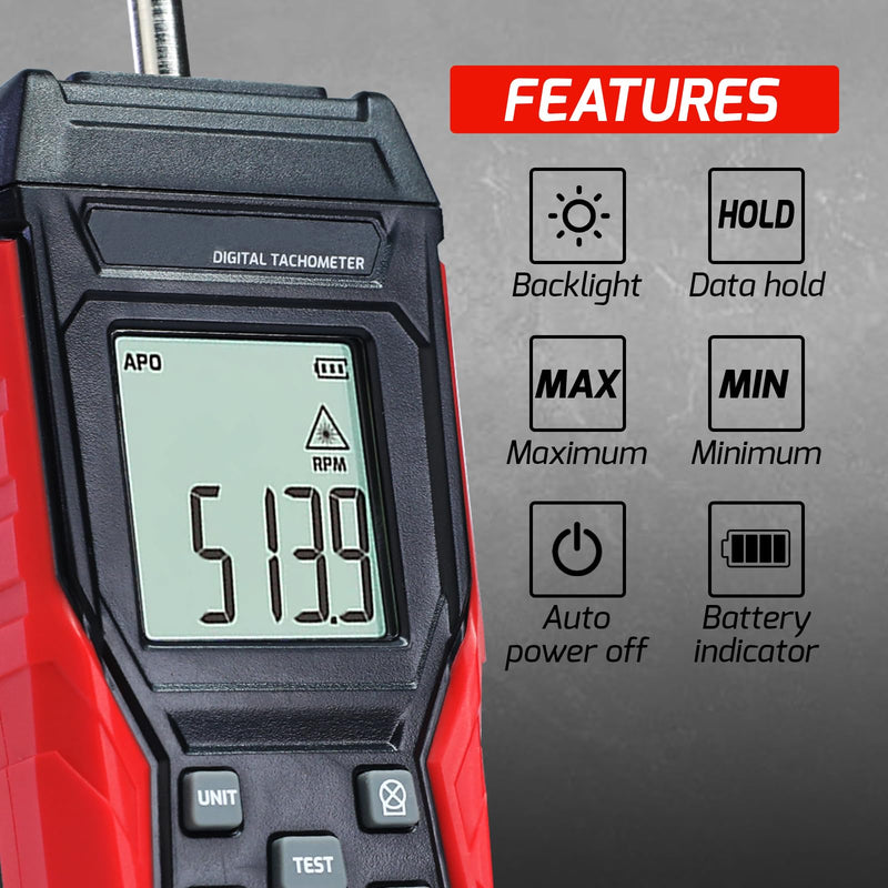 [Australia - AusPower] - Digital 2-in-1 Tachometer Noncontact Laser Photo Sensor 3~100000RPM and Contact 3~19999RPM Meter RPM Gauge Tester Professional MAX/MIN/Hold Data, Handheld Car Engine Tool 