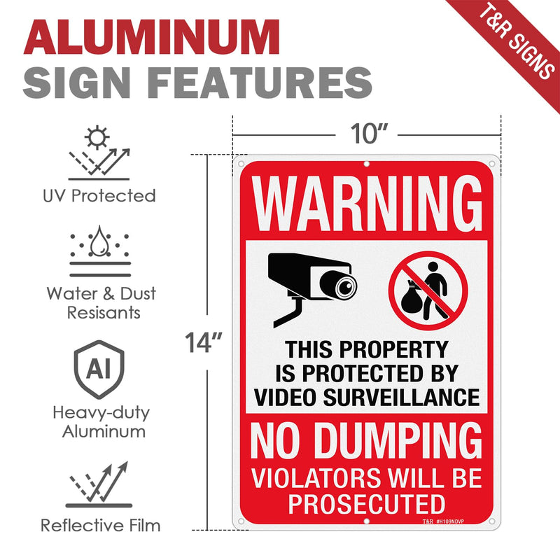 [Australia - AusPower] - T&R Large No Dumping Sign, Property Protected By Video Surveillance Sign, 14" x 10" Rust Free .040 Aluminum Reflective, Weather Resistant, Waterproof, Fade Resistant, 6 Pre-drilled Holes - 2 Pack 14" x 10" - 2 Pack 