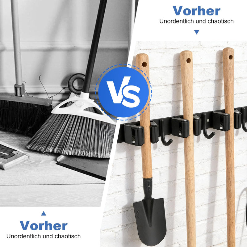 1 Piece Broom Holder Wall, 5 Holders + 4 Hooks Stainless Steel Tool Holder, Self-Adhesive Garden Tool Holder, Broom Holder, Tool Holder Organiser for Garage, Garden, Kitchen, Bathroom, Black