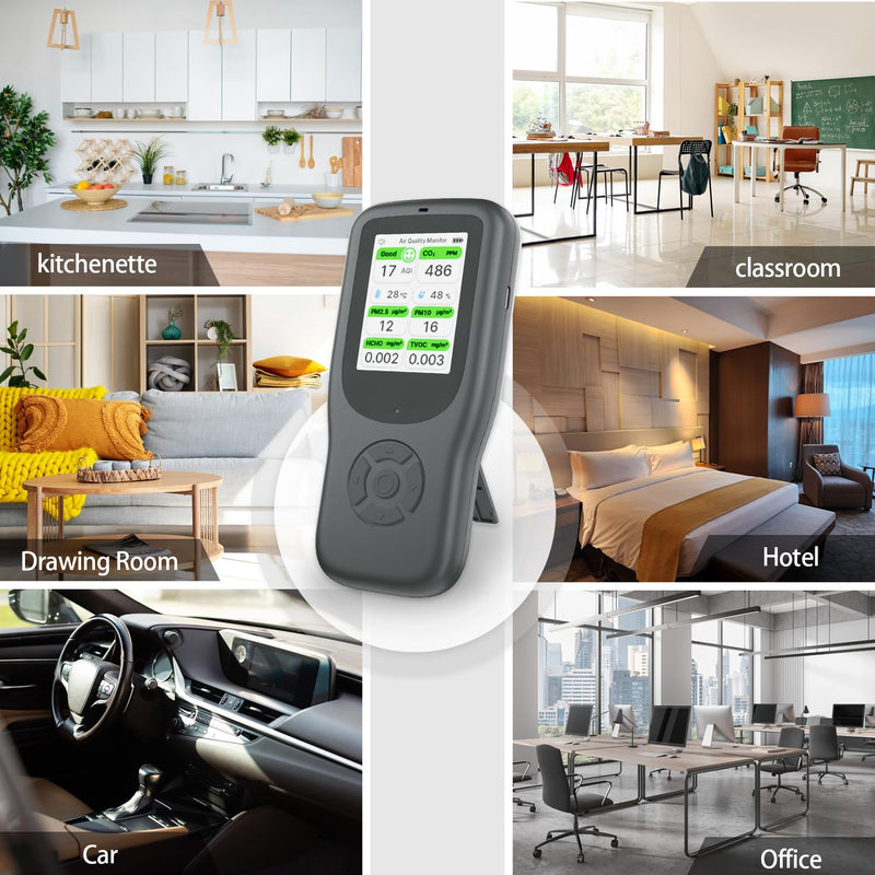 [Australia - AusPower] - 11-in-1 Air Quality Monitor - Portable Indoor Air Quality Detector with Stand, Real-Time Test for AQI, CO2, PM2.5, PM1.0, PM10, TVOC, HCHO, Particles, Temperature & Humidity with Aler (Black-White) Black-White 