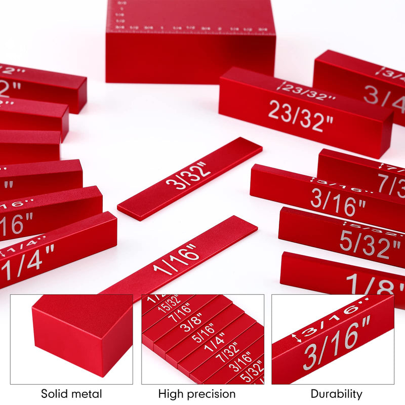Setup Blocks Height Gauge Set, 15 Pieces Aluminum Block Precision Saw Kit Drill Press Table Router Setup Blocks Woodworking Tool Bars Accessories Laser Engraved Size Markings(Red) Red
