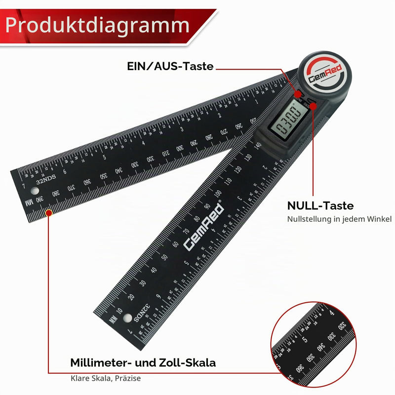 GemRed Digital Protractor with LCD Display, 200 mm Angle Bevel | For woodworking, measurements, construction, decoration and DIY (battery included)