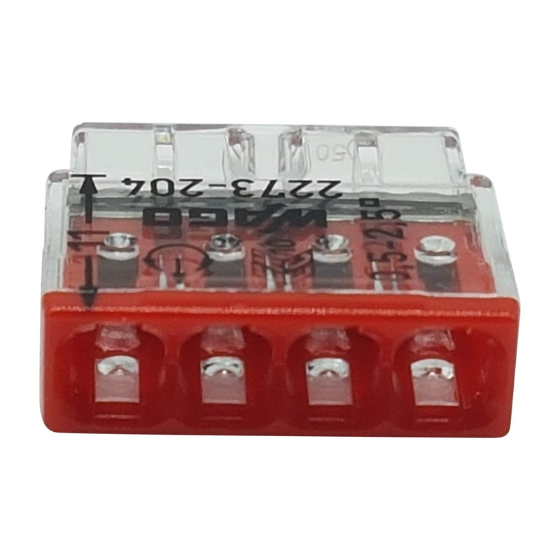 Pack of 30 Wago 2273-204 Compact Connectors for Junction Boxes, Diameter 0.5 - 2.5 mm², 4-Pin, Transparent/Red | 4-pole, 450 V Push-in terminals in transparent/red for solid conductors, 0.5 - 2.5 mm² nominal cross-section, 24 A rated current