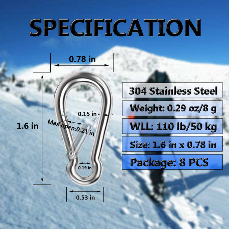 [Australia - AusPower] - Spring Snap Hooks, 304 Stainless Steel Metal Clip Heavy Duty Rope Connector Small Snap Clamp Key Chain Link Buckle for Hammock Swing Set Outdoor Travel Camping Fishing Hiking 1.57inches(m4)-8pcs 