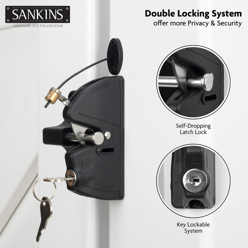 Key Lockable Fence Gate Latch, 2 Sided Gate Lock Latch for Outdoor Fence, Keyed Fence Lock Latch with Spring Loaded Pull Cable, Fence Latch Gate Hardware for Wood, Vinyl, Metal Gates, Black