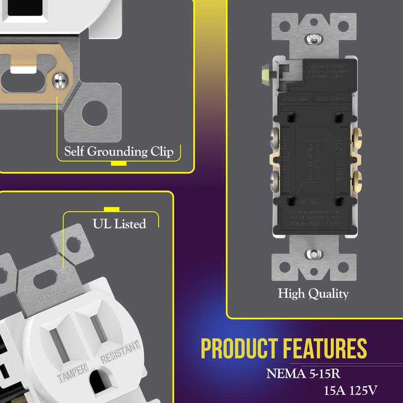 [Australia - AusPower] - ENERLITES Duplex Receptacle Outlet, Tamper-Resistant Electrical Wall Outlets, Residential Grade, 3-Wire, Self-Grounding, 2-Pole,15A 125V, UL Listed, 61580-TR-W-10PCS, White (10 Pack) 10 