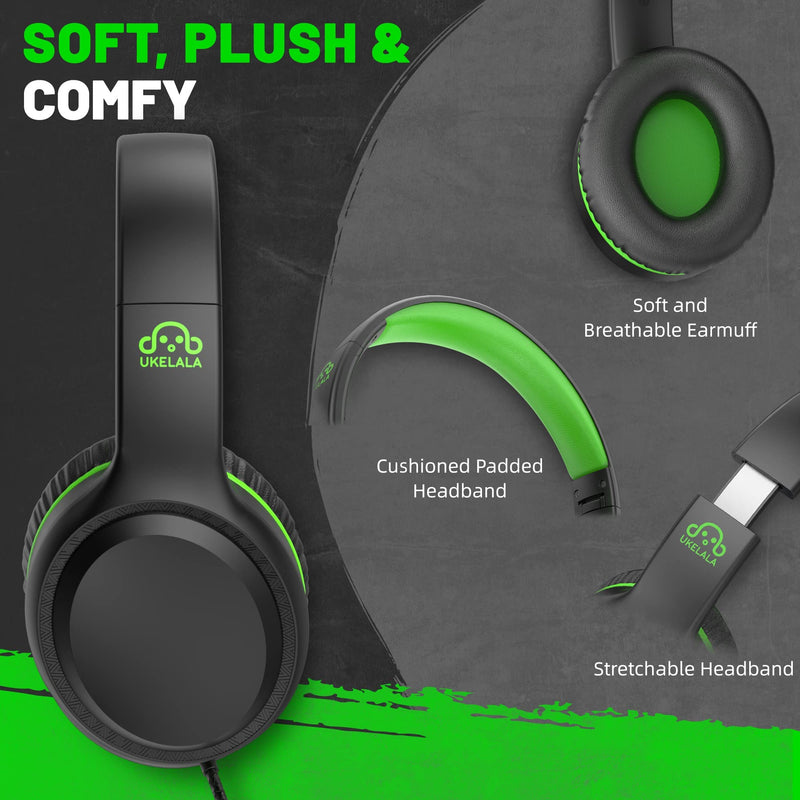 [Australia - AusPower] - Green Wired Headphones for Boys Portable On Ear Youth Headphones for School Airplane Travel Lightweight Portable Compatible with Pad Computer Laptop for Adults Student Children Girls Kids Black/Green 