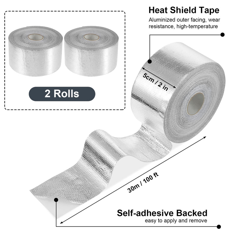 Zonon 2 Rolls Aluminum Foil Tape Heat Shield Tape Barrier Adhesive Reflective Fiberglass Thermal Insulation Reflective Material High Temp Protection(Silver,2 Inch X 100 ft) 2 Inch X 100 ft Silver