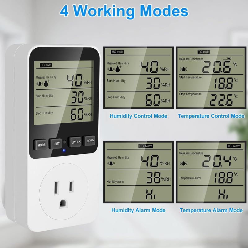 [Australia - AusPower] - Temperature and Humidity Controller Plug in Thermostat Outlet with Humidity Control 120V Heating Cooling Humidification Dehumidification for Greenhouse Mushroom Grow Tent Reptile Aquarium Htc820 