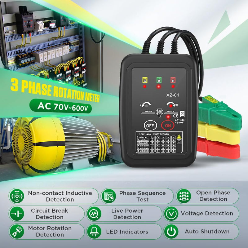 [Australia - AusPower] - Phase Rotation Meter Non-contact 3 Phase Rotation Meter AC 70~600V Phase Sequence Rotation Tester High Magnetic Induction Motor Rotation Meter Auto Power Off Phase Meter with LED,20"Clamp Lead,Handbag XZ-01 
